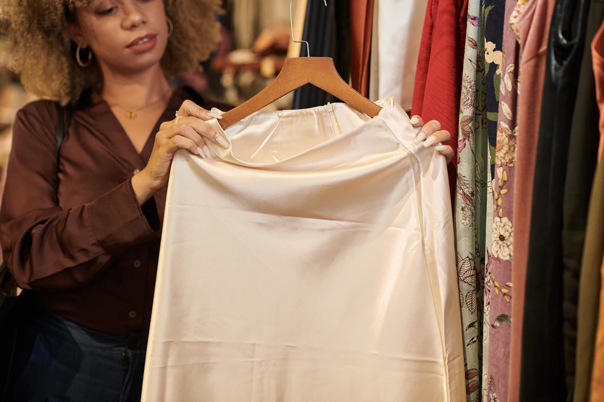Une femme qui regarde une jupe longue avec doublure en satin